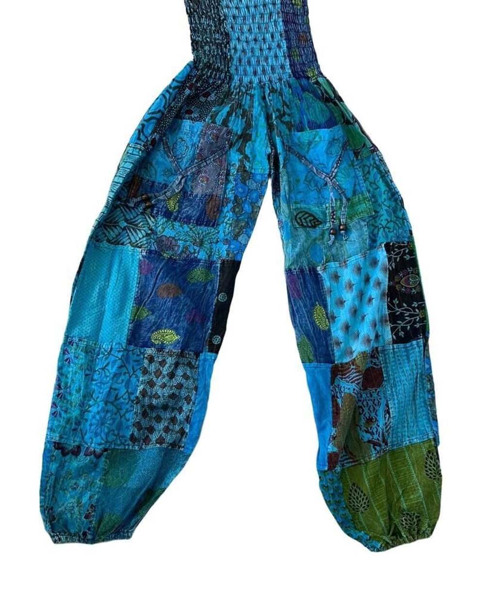 NWT Nicks Imports Patchwork Harem Pants Blue Boho Hippie Festival Style